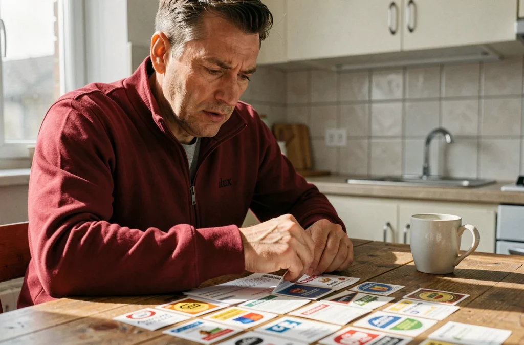 Homme en veste Armor Lux examinant des vignettes Intermarché perdues sur une table de cuisine