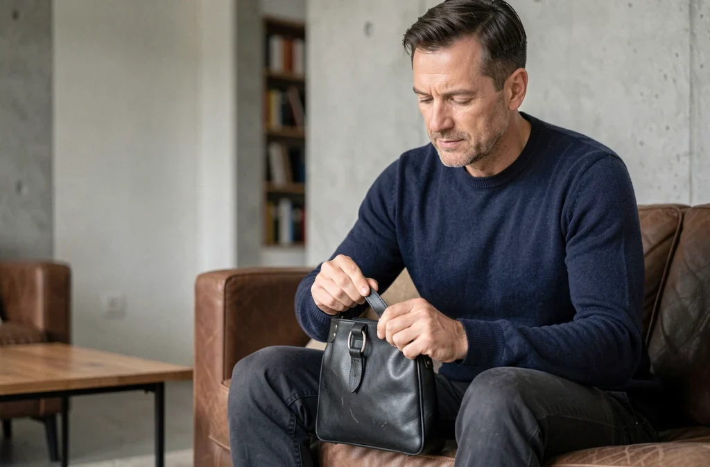 Homme inspectant la sangle et les accessoires métalliques de sa besace en cuir noir dans un salon moderne