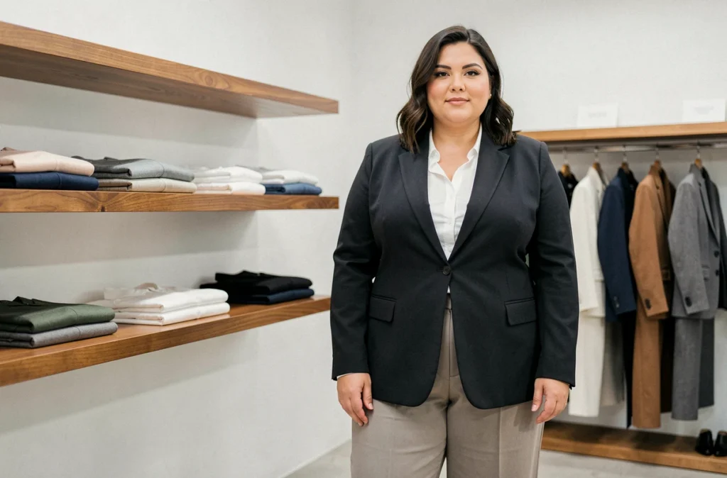 Une femme ronde et élégante pose dans la boutique Jean Marc Philippe à Paris, vêtue d'un blazer ajusté et d'un pantalon à jambe large aux finitions soignées.