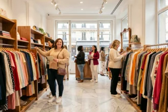 Des femmes rondes souriantes parcourent les rayons d'une boutique parisienne spécialisée en vêtements grande taille, avec une décoration élégante et des vêtements colorés en arrière-plan.