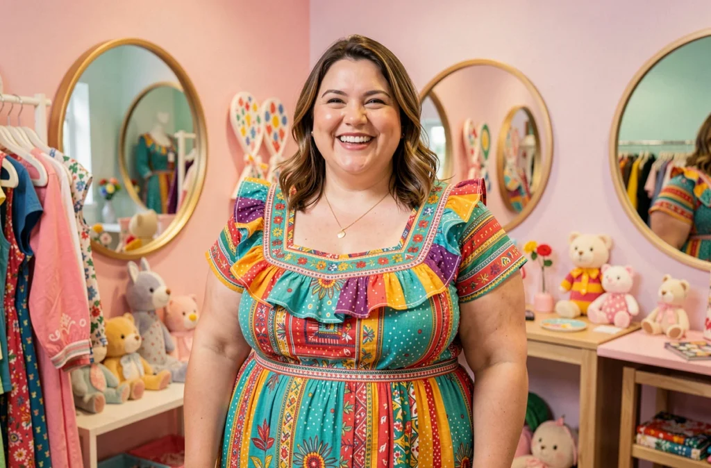 Une femme ronde rayonnante porte une robe bohème colorée à volants dans la boutique Nana Ronde à Paris, dans un décor joyeux et chaleureux.