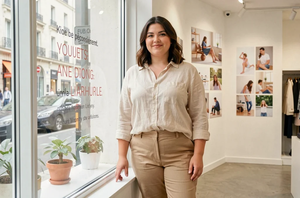 Une femme ronde confiante et souriante porte une tenue casual chic dans la boutique No Complex à Paris, un espace positif dédié aux femmes de toutes morphologies.