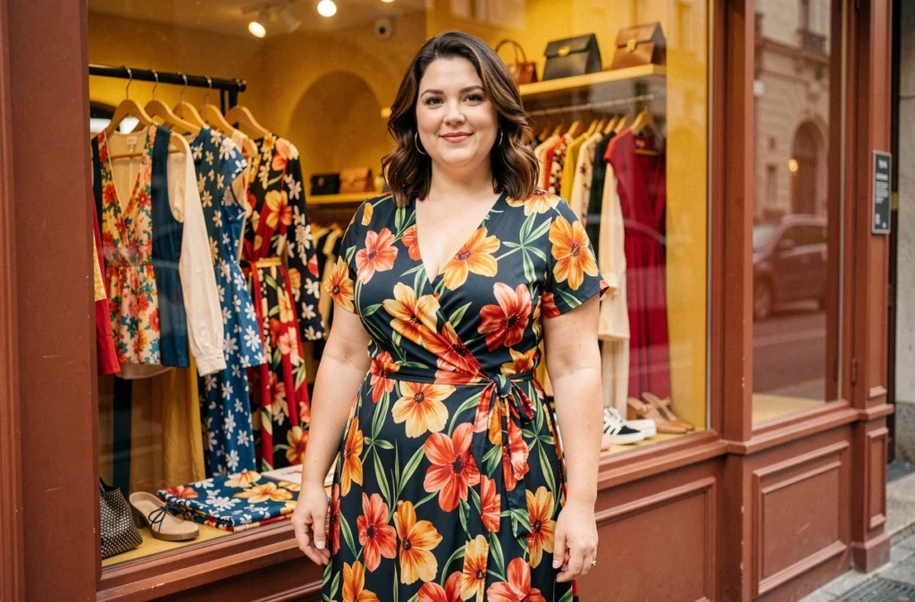 Une femme ronde souriante porte une robe imprimée colorée dans la boutique Paprika à Paris, entourée de collections aux teintes vives et festives.