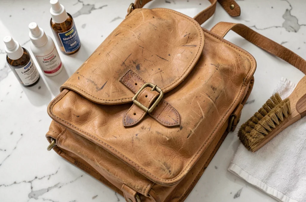 Gros plan sur une besace en cuir camel avec des produits d'entretien posés sur un comptoir en marbre