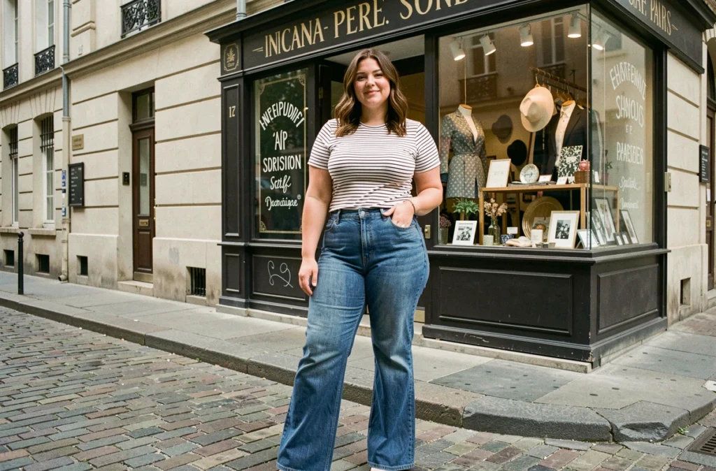 Une femme ronde vêtue d'une tenue parisienne chic pose devant la boutique Rachael Miles Paris, une adresse indépendante aux inspirations mode contemporaines.