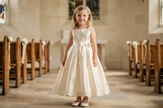Jeune fille en robe de cérémonie ivoire avec headband en perles, chaussures blanches et ceinture satin dans une église