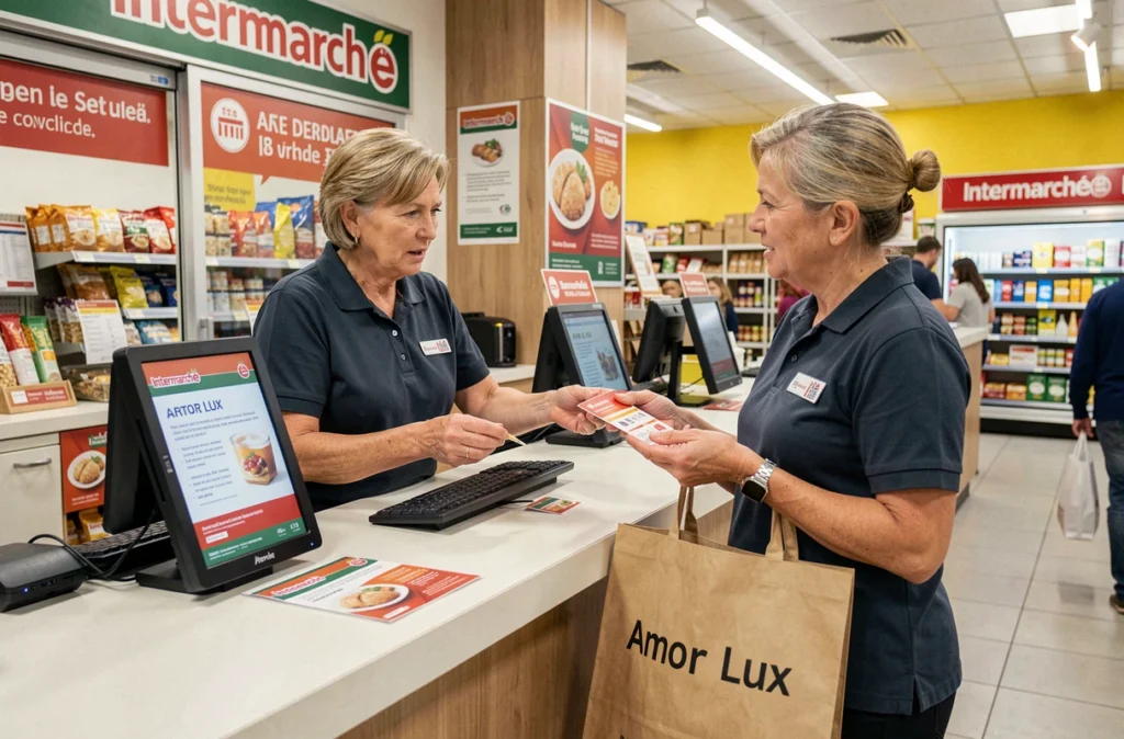 Cliente avec sac Armor Lux demandant de l'aide au service client Intermarché pour des vignettes perdues