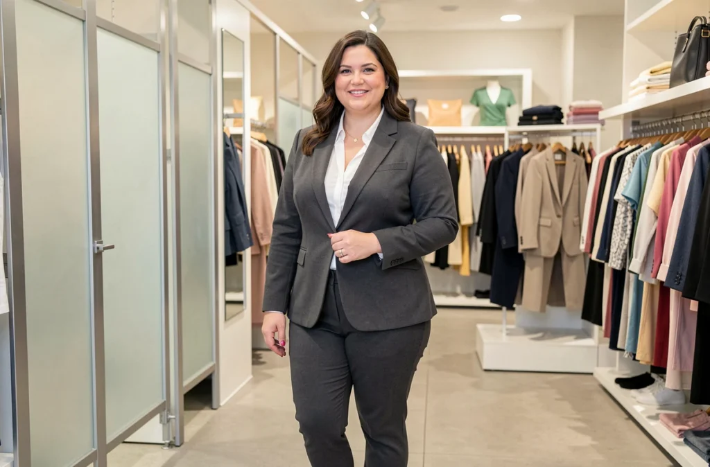 Une femme ronde en blazer structuré gris charbon se tient dans le vaste espace de vente de Size Factory à Paris, entourée de collections grande taille bien organisées.