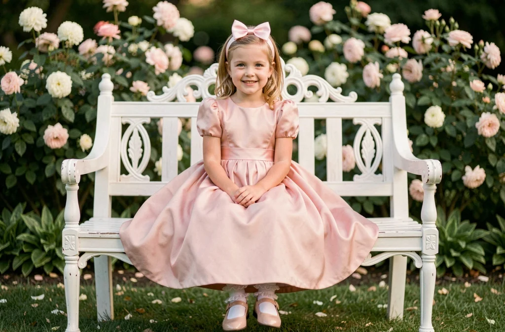 Fillette en robe de cérémonie rose taffetas avec headband, chaussettes à volants et chaussures vernies assise sur un banc de jardin