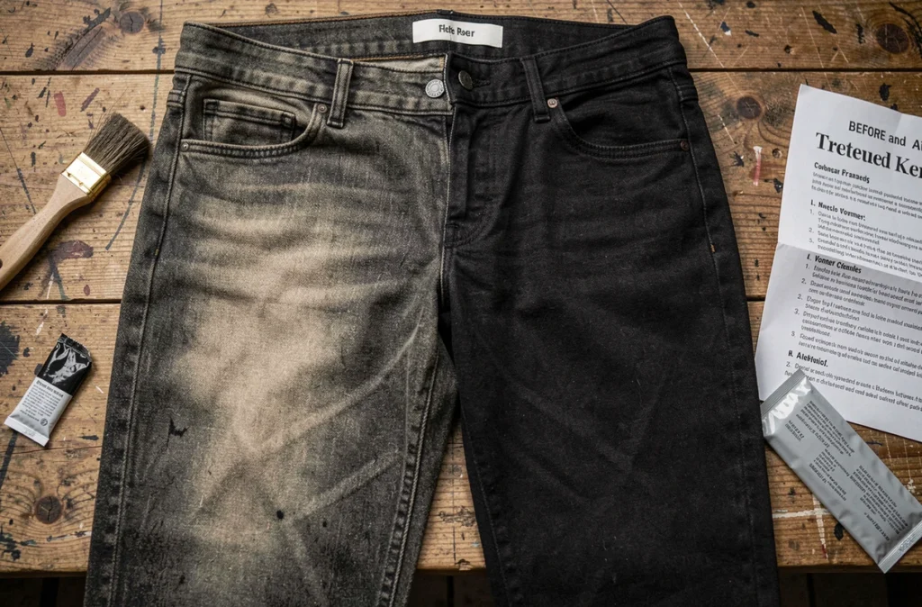 Comparaison avant après teinture noire sur un jean taché posé sur un établi en bois