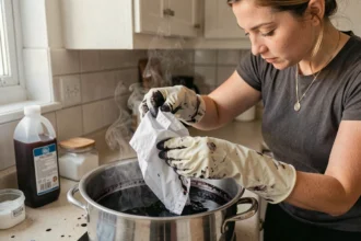 Femme teignant un vêtement blanc en noir dans une casserole avec de la teinture textile noire dans une cuisine